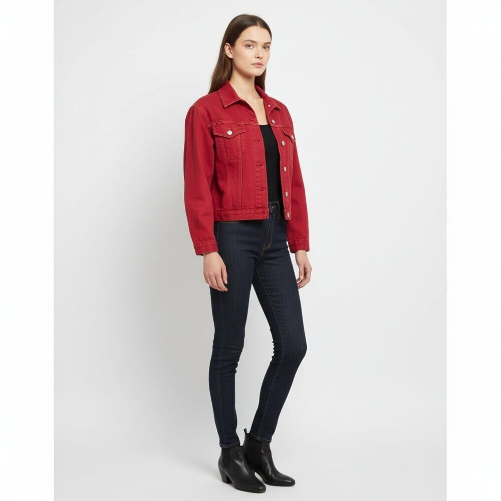 United Colors of Benetton Vintage Cropped‎ Cotton Denim Jacket Red Women Small